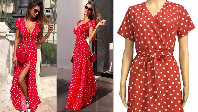 Polka-Dot V-Neck Split Maxi Dress - 4 Colours & 3 Sizes