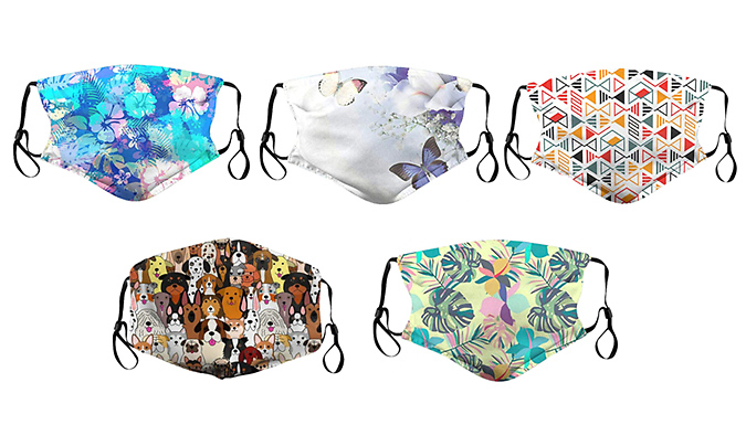 Pack-of-5 Reusable Patterned Face Covers - 10 or 20 Optional Filters