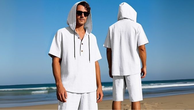 Men's Linen Style Hooded Shirt & Shorts Set - 8 Colours & 6 Sizes