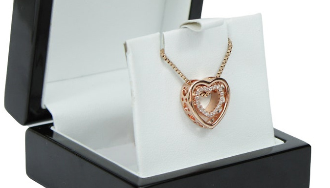 Rose Gold Created Diamond Double Heart Pendant Necklace