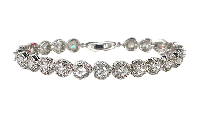 White Gold Finish Cluster Created Diamond Heart Cut Bracelet