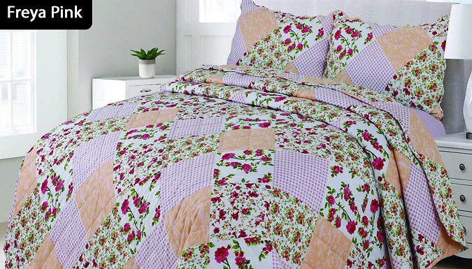 3-Piece Quilted Patchwork Bedspread Set - 12 Designs & 2 Sizes