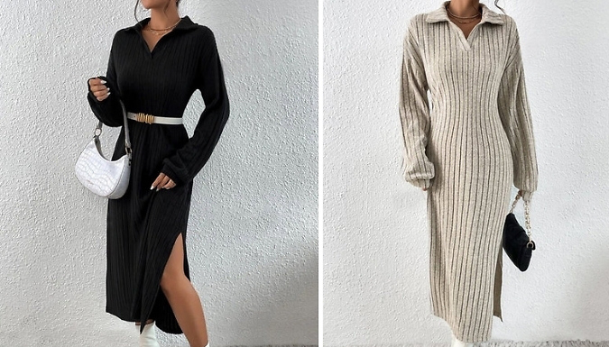 Ribbed Collared Midi Dress with Side Slit - 2 Colours, 4 Sizes