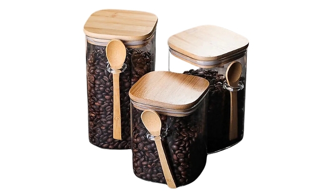 Square Glass Sealed Storage Jar with Wooden Spoon - 3 Sizes