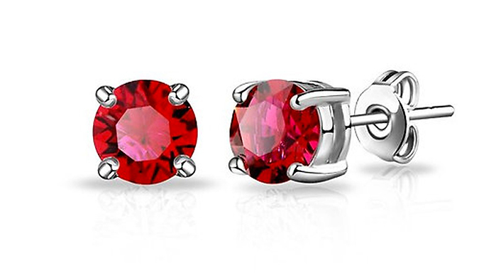 White Gold Finish Red Round Cut Stud Earrings