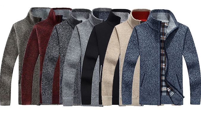 Men's Knitted Fleece-Lined Classic Collar Cardigan - 5 Sizes & 7 Colours