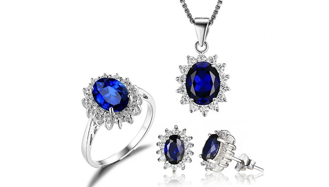 Silver Blue Gem Ring, Necklace and Earrings Jewellery Set