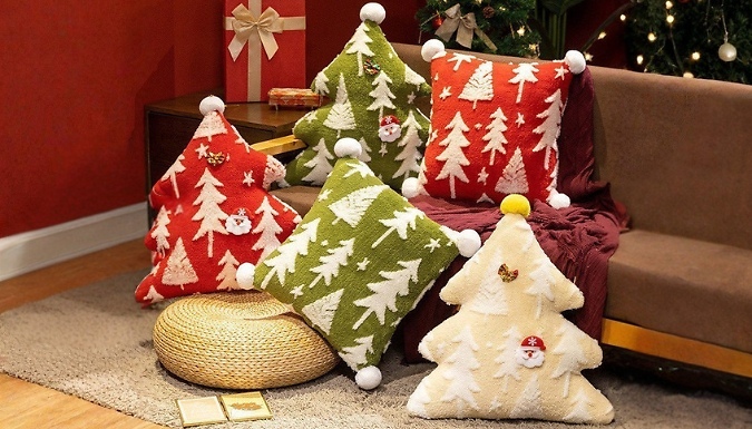 Christmas Tree Themed Plush Cushion - 2 Styles & 3 Colours