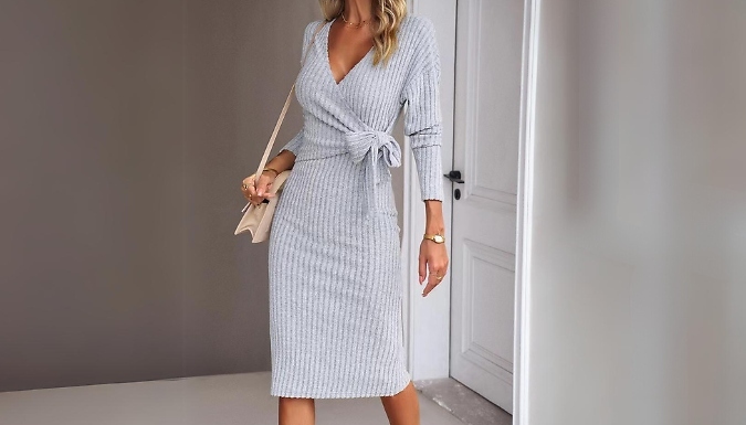 Tie Detail Knitted Long-Sleeved Wrap Dress - 4 Colours & Sizes