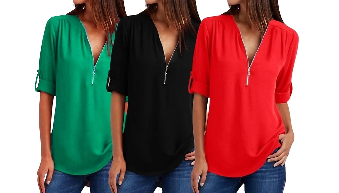 Women's V-Neck Half-Zip Blouse - 8 Colours, 7 Sizes from Go Groopie IE