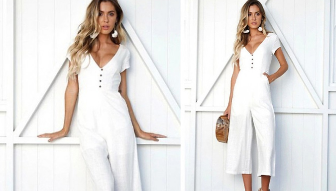 Cropped Wide-Leg V-Neck Jumpsuit - 3 Sizes