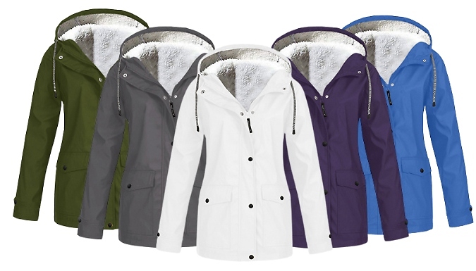 Waterproof Fleece-lined Hooded Rain Coat - 10 Colours & 7 Sizes