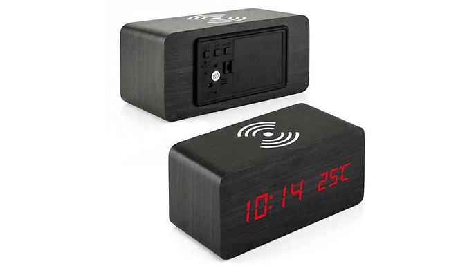 2-in-1 Wooden Wireless Phone Charger & Digital LED Alarm Clock - 4 Colours