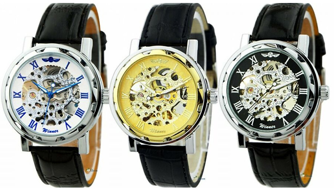 Men's Mechanical Skeleton Faux Leather Watch - 4 Colours
