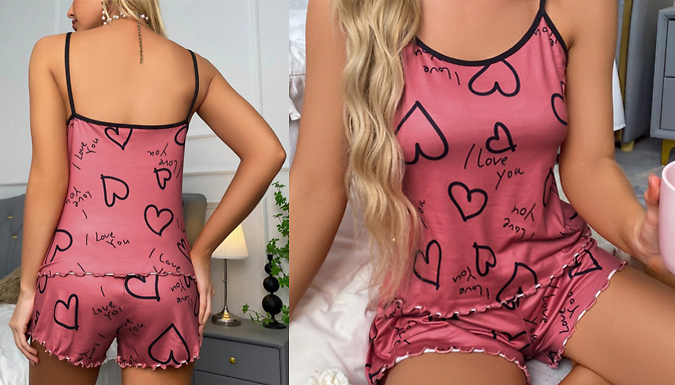 2-Piece Heart Print Satin Pyjama Set - 2 Colours & 4 Sizes