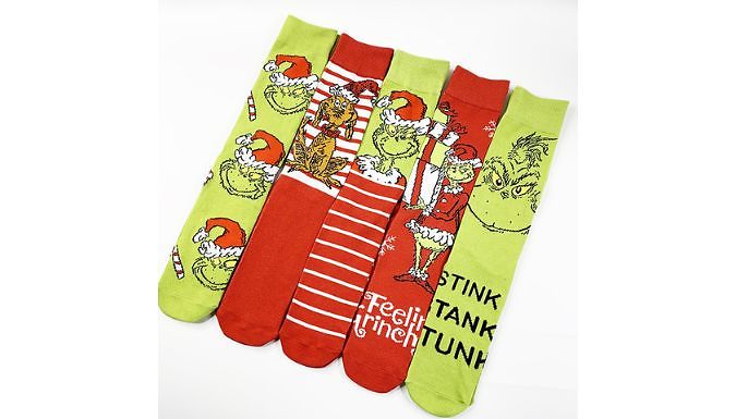 1, 3 or 6 Pairs of Grinch Inspired Crew Socks - 6 Styles