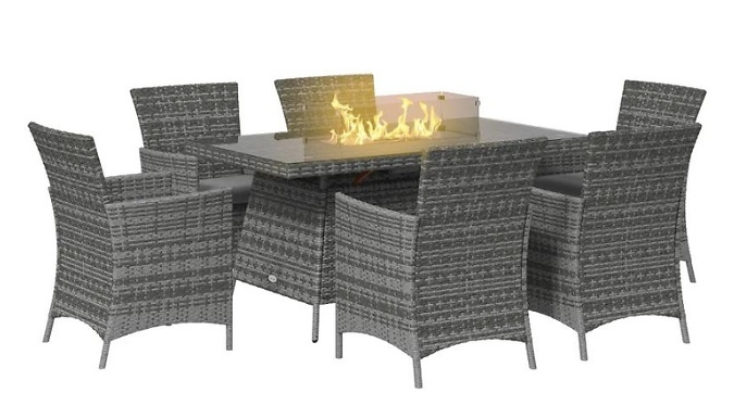 7-Piece Outsunny Rattan Dinging Set - Built-In Gas Fire Pit!