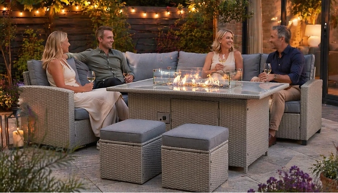 Conwy 8-Seater Rattan Set with Gas Firepit Table