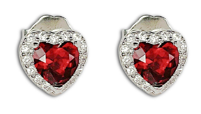 Red Gemstone Heart Cut Created Diamond Stud Earrings