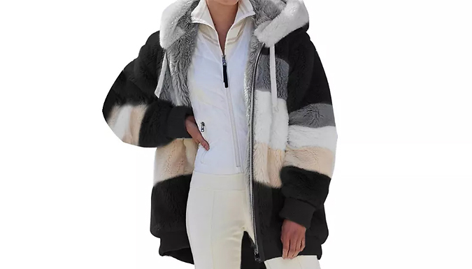 Fluffy Stripe Hooded Jacket - 6 Colours & 7 Sizes