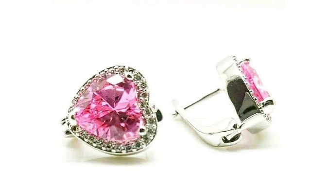 Pink Gemstone Heart Cut Created Diamond Earrings