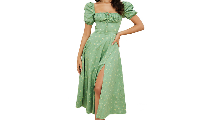 Floral Puff Sleeve Florentine Neck Dress - 7 Colours & 4 Sizes