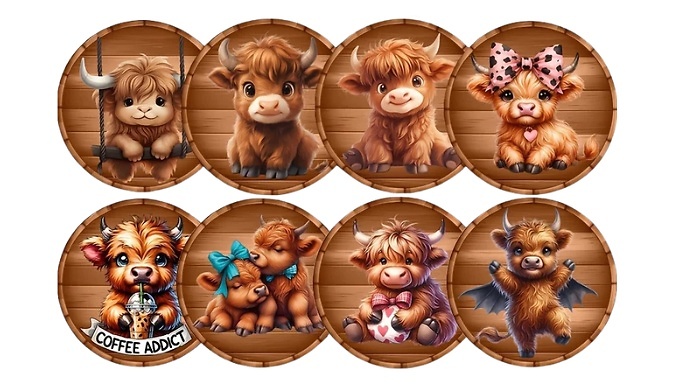 Set of 8 Highland Cow Coasters
