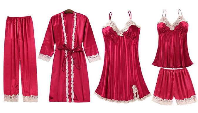Floral Lace Trim Pyjama Set With Robe – 4 Colours & 4 Sizes Deal Price £22.99