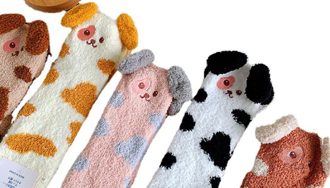 1 or 5 Pairs of Adorable Fuzzy Dog Socks - 5 Colours