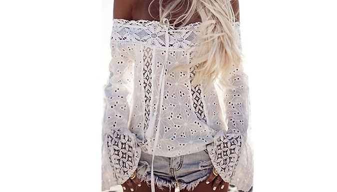 Off-Shoulder Flared Sleeve Embroidered Boho Top - 2 Colours & 5 Sizes