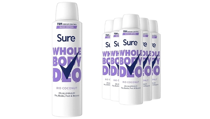 6-Pack of Sure Whole Body Rio Coconut Deodorant - 150ml per Bottle!