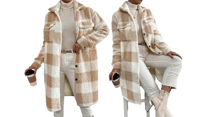 Long Plaid Collared Teddy Coat