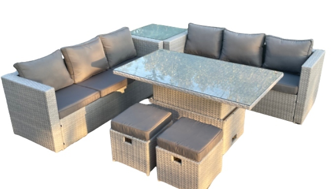 Light Grey 8-Seater Rattan & Adjustable Table Set