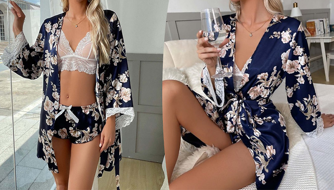 3-Piece Satin Lace Floral Pyjamas Set - 8 Colours & 3 Sizes