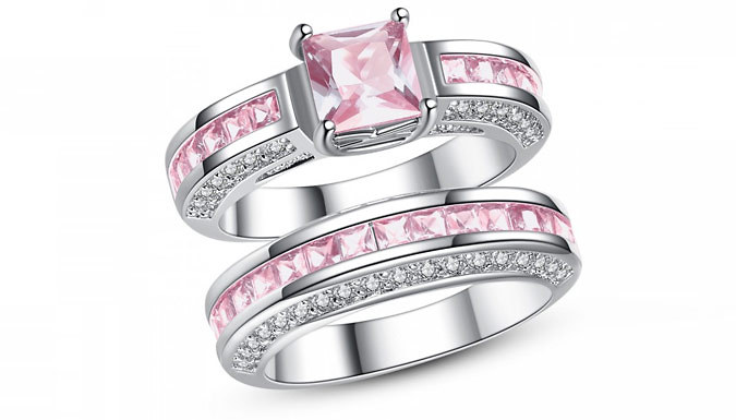2.5ct Pink Simulated Sapphire Princess Ring Set and FREE CZ Crystal Hoop Earrings