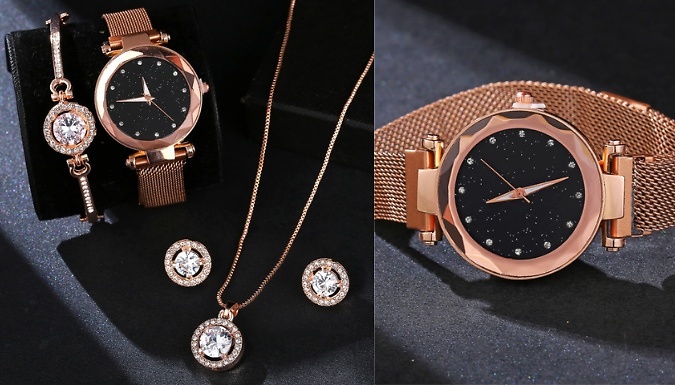 Elegant 4-Piece Jewellery Giftset - Necklace, Earrings, Bracelet & Quartz Wristwatch!