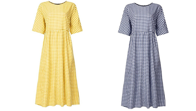 Plaid Short-Sleeve Smock Maxi Dress - 4 Colours & 5 Sizes