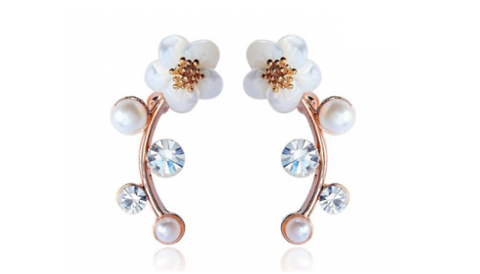 Crystal & Pearl Daisy Climber Earrings - Gold or White Gold Plated