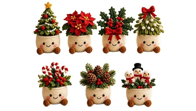 Crocheted-Style Christmas Plant Pot Ornament - 7 Designs!