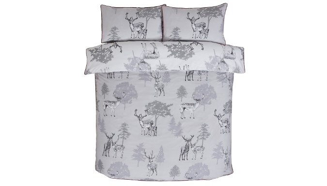 Grey Piped-Edge Woodland Stag Duvet Bedding Set - 3 Colours!