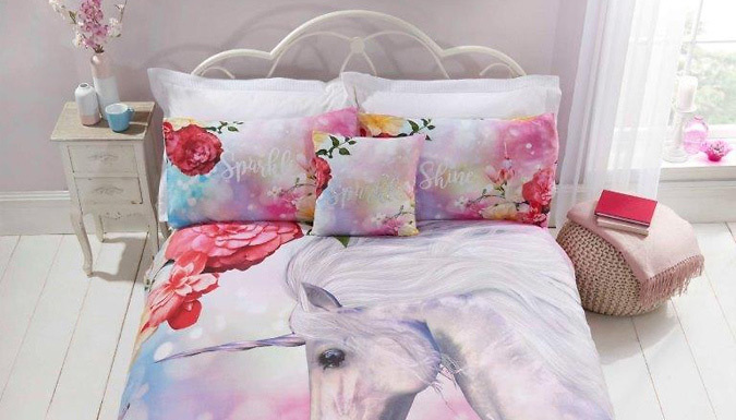 Unicorn Glitter Duvet Cover with Pillowcases - 3 Sizes