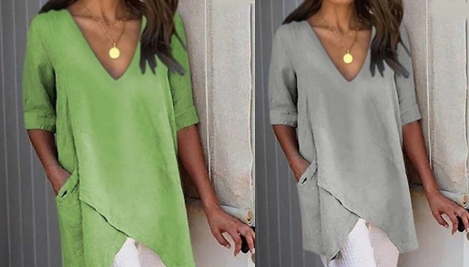 Long Women's Asymmetric V-Neck Top - 5 Colours & 8 Sizes