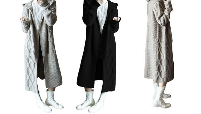 Long Hooded Thick-Knit Cardigan - 3 Colour