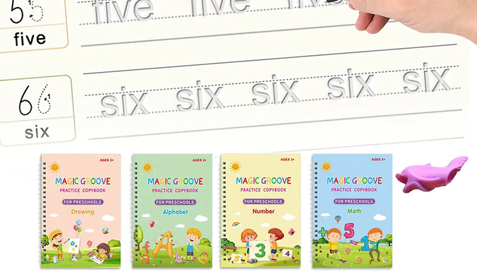 4 Pc Grooved Handwriting Book Practice, Kids Writing with Auto