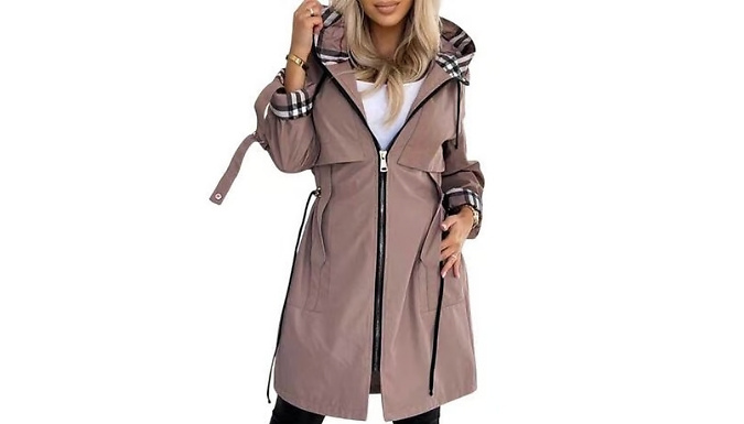 Women's Hooded Mid-Length Jacket with Plaid Accents - 6 Colours, 7 Sizes!