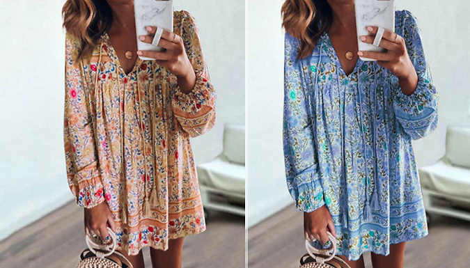 Floral Long-Sleeved V-Neck Summer Dress - 4 Colours & 5 Sizes