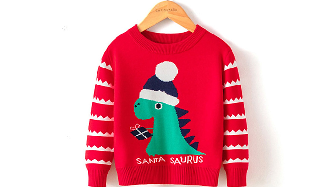 Kid's 'Santa-Saurus' Dinosaur Christmas Jumper - 3 Colours & 5 Sizes