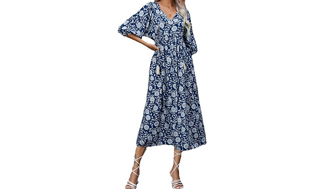 Printed Half-Sleeve Bohemian V-Neck Dress - 4 Sizes