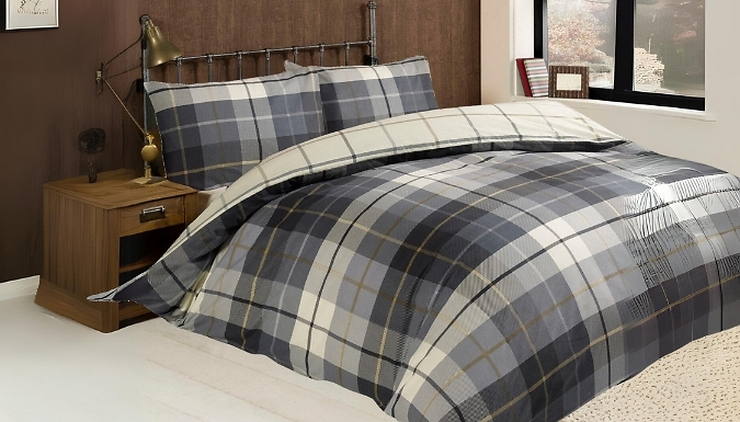 Tartan Check Reversible Flannelette Brushed Cotton Bedding Duvet Cover Set - 3 Colours & 4 Sizes