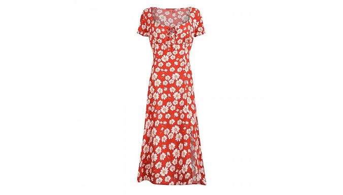 Floral Print Square Neck Short Sleeve Midi Dress - 2 Colours & 4 Sizes from Go Groopie IE